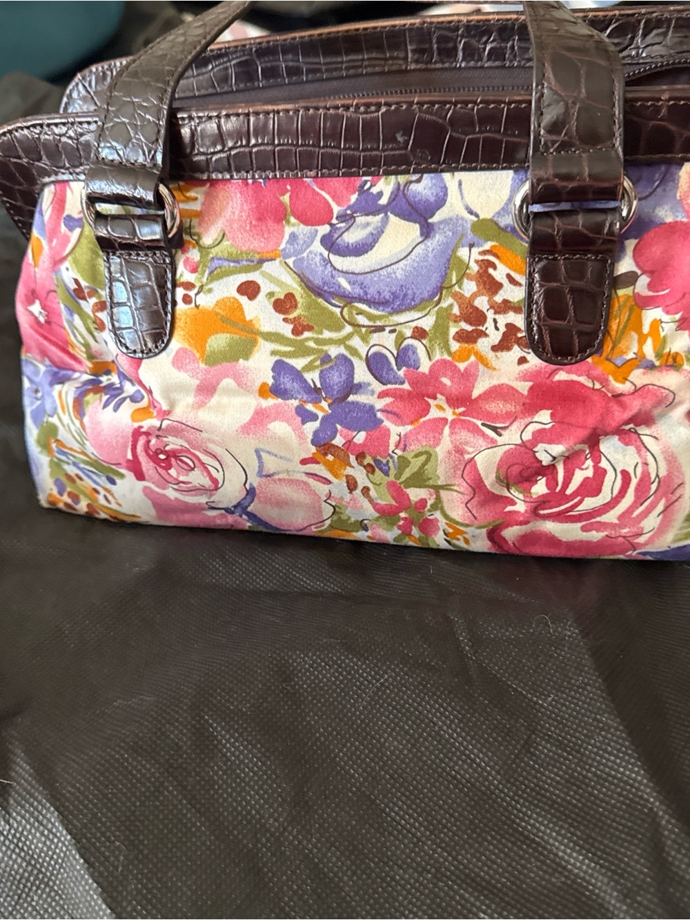 Talbots Floral Canvas Satchel with Dark Brown Croc-Texture Trim